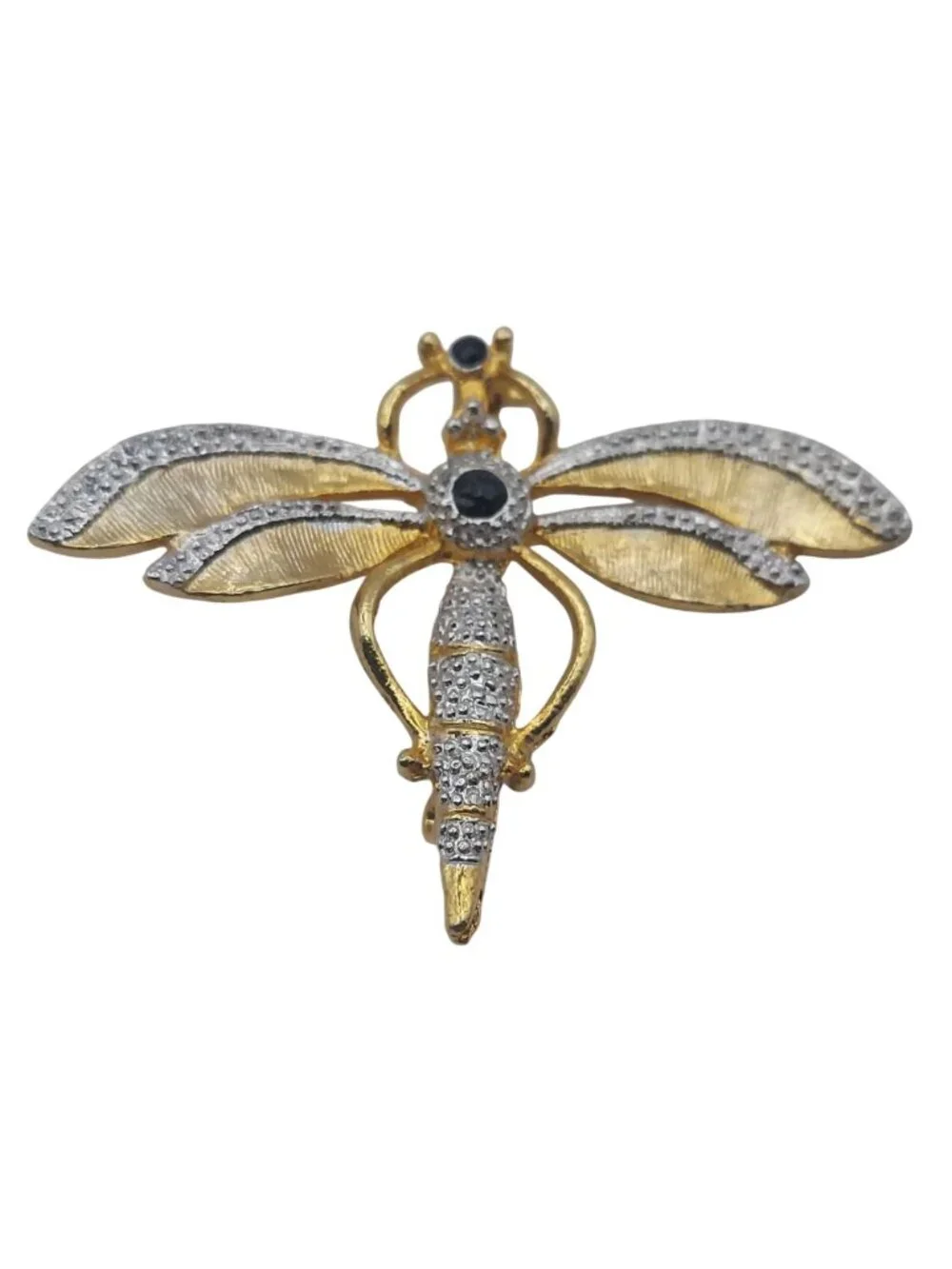 Dragonfly Brooch Pin Gold Tone Black & Silver Accents Bug Insect Art Vintage